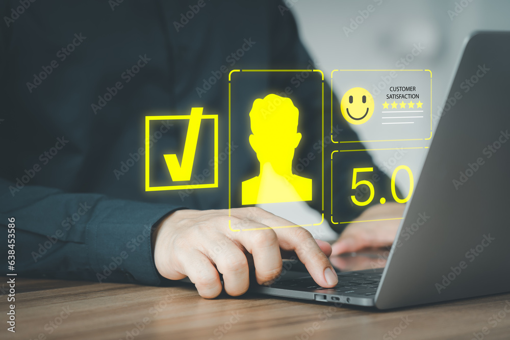 Poster customer man using a laptop with virtual screen on happy smile face icon to give satisfaction in ser