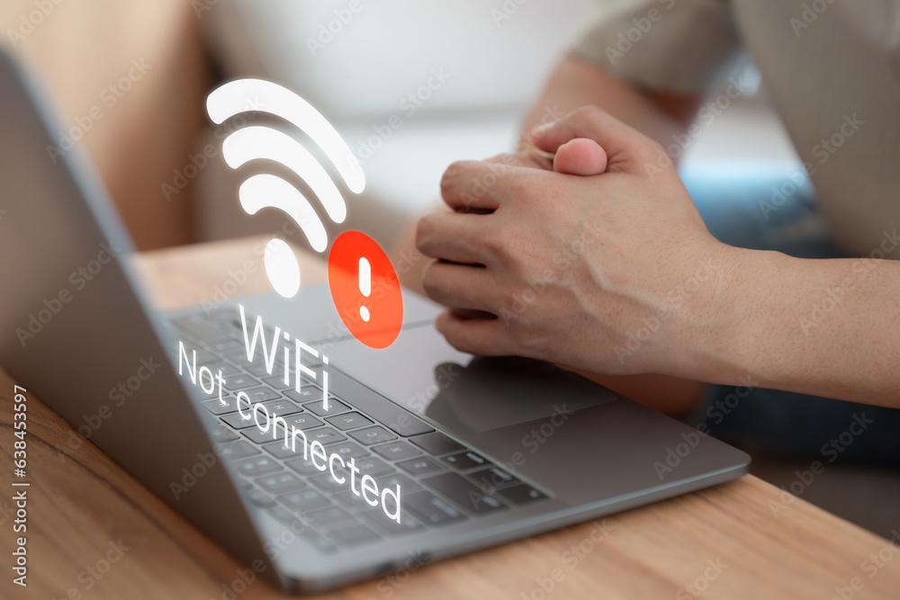 Poster User using a computer laptop to connect to wifi but wifi not connected or password is incorrect and waiting to loading digital data form website, concept technology of waiting for connect to wifi.