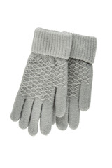 Two gray knitted women's gloves lie on top of each other on a white background.