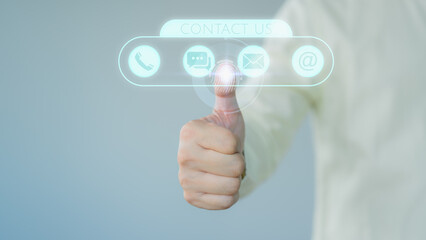 User touching on virtual screen contact icons ( email, address, live chat, telephone ). Customer service, helpdesk advice online support. Contact us or Customer support hotline.