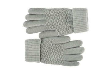 Top view of two gray knitted female gloves isolated on white background.