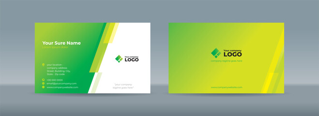 Set of double sided business card templates with modern abstract random transparent yellow, green bar on white background