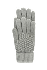 Gray knitted female gloves isolated on white background.