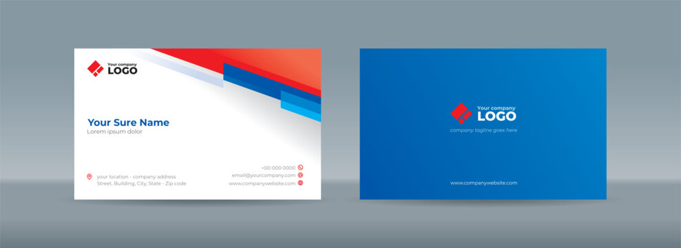 Set of double sided business card templates with modern abstract random transparent blue bar on white background