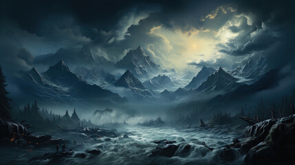 Alps Snow Mountains and Floating River Moody Landscape Background AI Generative