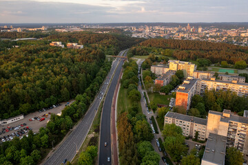 Drone photography of city's apartment complex, big road in a city