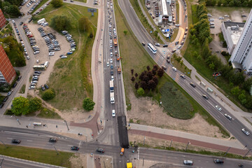 Drone photography of traffic jam caused by a road being repaired