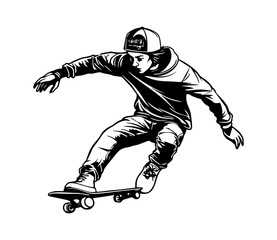 Stylish young skater jumping, skating Skateboard. Teenagers street culture entertainment. Skateboarding guy Hand-drawn outline contour silhouette. Can be used as tatoo, t-shirt. Vector illustration.  © Maria