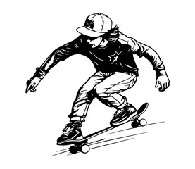 Stylish young skater jumping, skating Skateboard. Teenagers street culture entertainment. Skateboarding guy Hand-drawn outline contour silhouette. Can be used as tatoo, t-shirt. Vector illustration.
