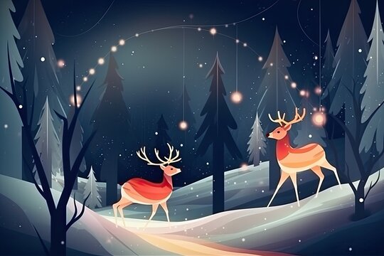 Christmas deers concept in dark blue mural style, beautiful winter concept
