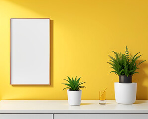 Empty frame mockup on yellow wall background next to artificial plants.