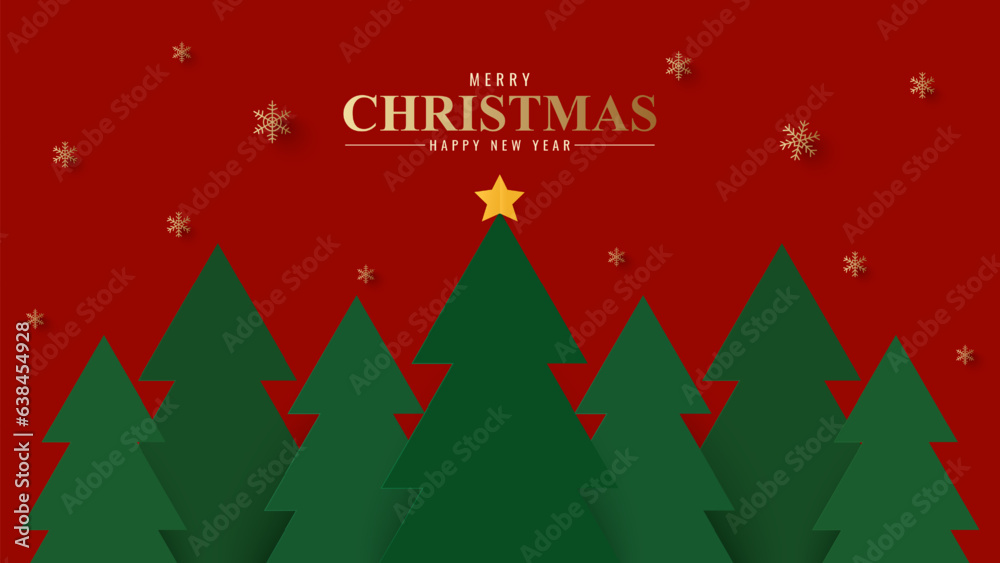 Wall mural Merry Christmas banner. Christmas tree on red background