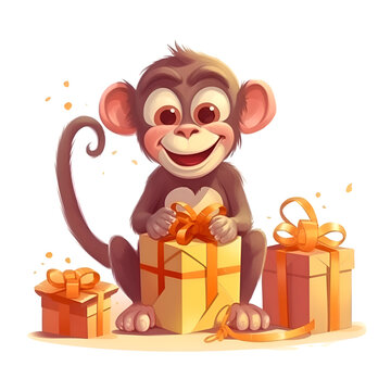 Cute cartoon monkey with a gift box. Vector illustration isolated on white background.