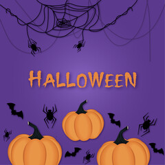 Halloween background with pumpkins, bats, and spiders. The background is great for cards, brochures, flyers, and advertising poster templates. Vector 