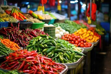 Close up shot of vegetable at street market, vibrant produce and color. Generative AI