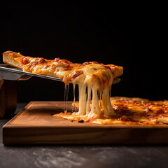 A photo realistic image of a sliced pepperoni pizza on a table with all the ingredients spread out, captured from a top-down view