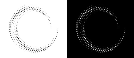 Modern abstract background. Halftone YEN sign in circle form. Round logo. Design element or icon. Black shape on a white background and the same white shape on the black side.