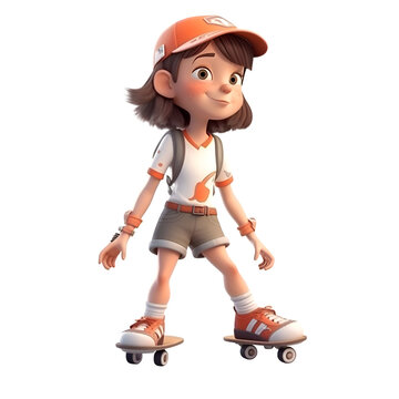 3D Render of a Little Girl Skating with Roller Skates
