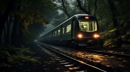Fototapeta premium A train passing through a vibrant green forest