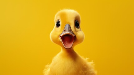 Surprised cute little yellow duck with its mouth open in close-up