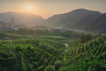 Prosecco Hills, vineyards and Guia village at sunrise. Unesco Site. Valdobbiadene, Veneto, Italy