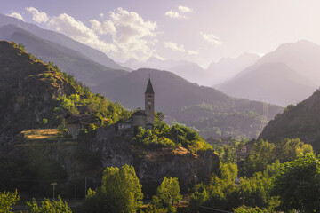 Santa Maria Assunta church on the rocks. Saint Roch, Villeneuve. Aosta valley, Italy
