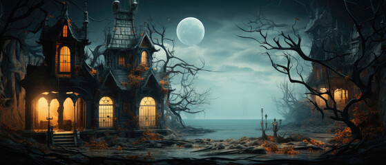 Obraz premium Halloween spooky background, scary pumpkins in old big creepy Happy Haloween ghosts horror house evil haunted castle scene. Creepy dark gothic mysterious night dark backdrop concept. 