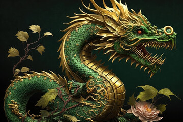 Green Dragon. Green Wooden Dragon, Symbol of New Year 2024. Chinese Dragon. Golden Green Dragon's Head