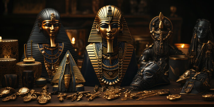 Golden statue or bust of Egyptian God Osiris with different jewelry in a museum. Generative AI