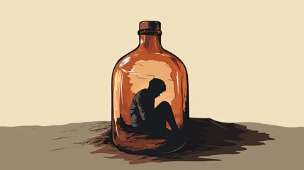 Silhouette of an alcoholic man trapped inside a beer bottle, concept of alcohol addiction