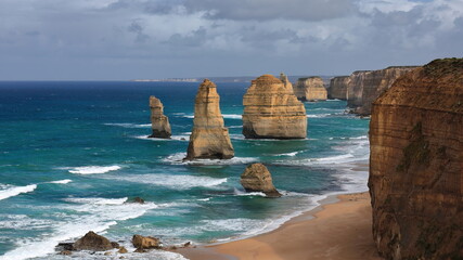 The Twelve Apostles sea stacks as seen from Castlerock Viewpoint on a cloudy morning....