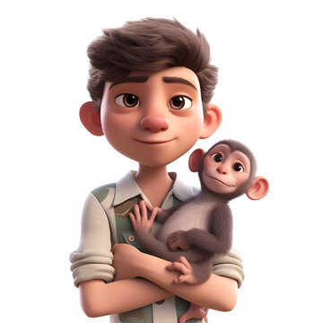 3D Render of a cute boy with a monkey on a white background