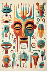 Native ritual masks. Traditional tribal style. Abstract art poster design. Ai Generative illustration