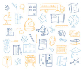 big set of school supplies. doodle style. concept of learning and education. vector 
