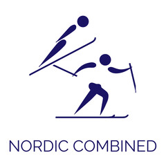 Winter sport icon. Vector isolated pictogram on white background with the names of sports disciplines. Olympic games. Olympic sport. Nordic combined. Cross-country skiing and ski jumping - obrazy, fototapety, plakaty
