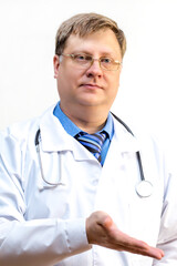 Adult doctor gesturing with his hands white background.,