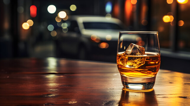 Illustration sur la prévention contre l'alcool au volant, verre de whisky posé sur une table avec une voiture en arrière-plan