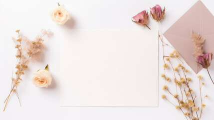 Card mockup and dried flowers top view on white background with, flat lay, Space for design, spring holiday floral template, copy space, Blank, greeting card template.