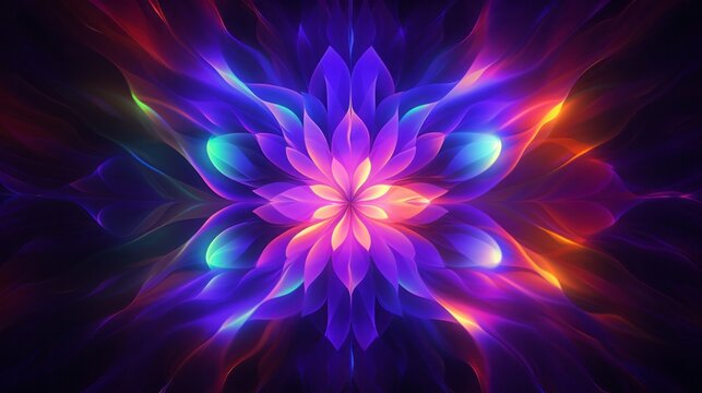 Fractal flowers blooming in a mesmerizing mandala pattern, bold, vivid colors, psychedelic design, glowing on a dark background