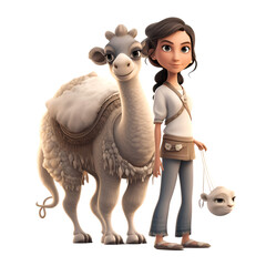 3D digital render of a cute cartoon girl with a camel isolated on white background