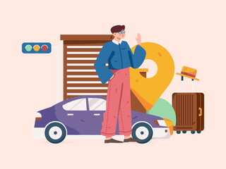 Flat vector concept operation hand-drawn illustration of people taking a taxi
