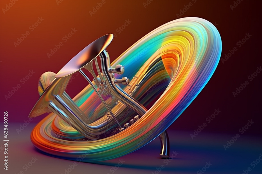 Poster An abstract geometric style rendering of a Trombone, with its curved body and strings composed of intersecting geometric shapes and soft, soothing color gradients. Generative AI technology