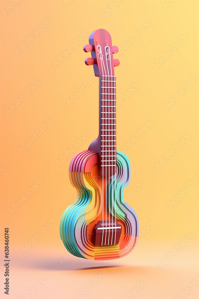 Poster An abstract geometric style rendering of a Ukulele, with its curved body and strings composed of intersecting geometric shapes and soft, soothing color gradients. Generative AI technology