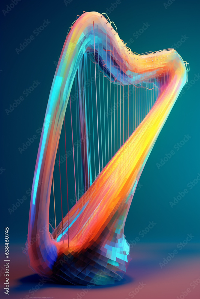 Poster An abstract geometric style rendering of a Harp, with its curved body and strings composed of intersecting geometric shapes and soft, soothing color gradients. Generative AI technology
