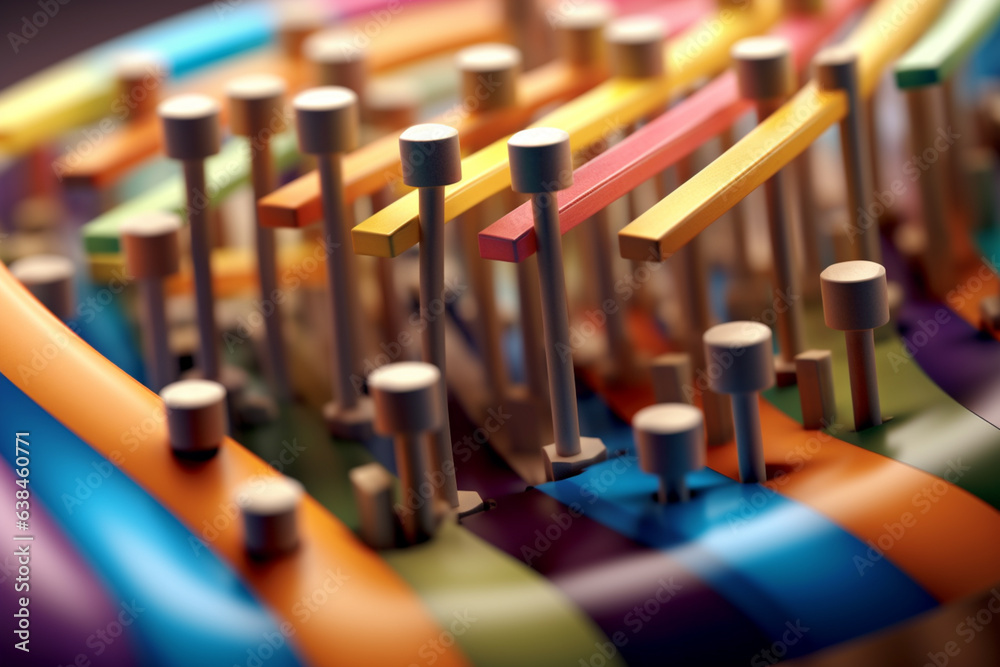 Poster an abstract geometric style rendering of a marimba, with its curved body and strings composed of int
