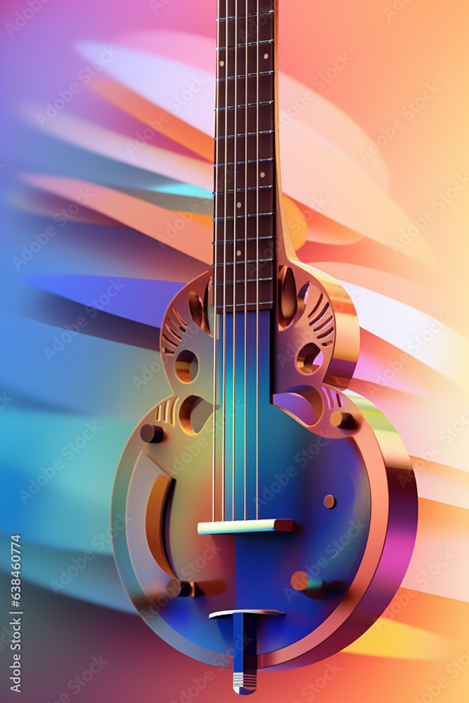 Fototapete An abstract geometric style rendering of a Banjo, with its curved body and strings composed of intersecting geometric shapes and soft, soothing color gradients. Generative AI technology