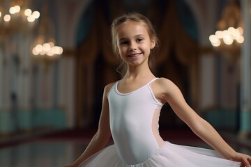 Little ballerina in a white tutu posing in the hall - obrazy, fototapety, plakaty