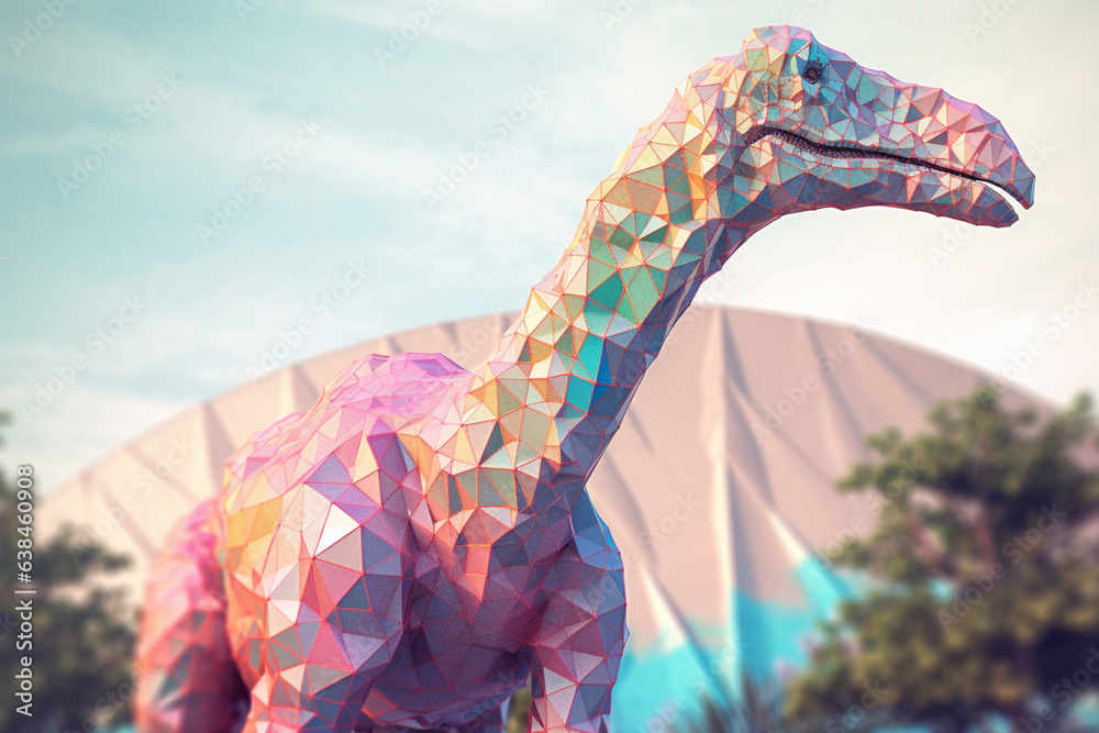 Poster a pastel-colored geometric-style brachiosaurus artwork with intricate geometric shapes and soft past