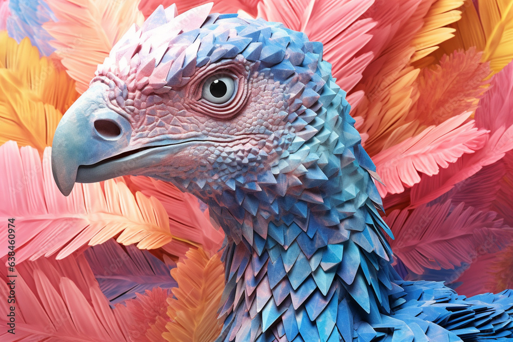 Poster a pastel-colored geometric-style oviraptor artwork with intricate geometric shapes and soft pastel h