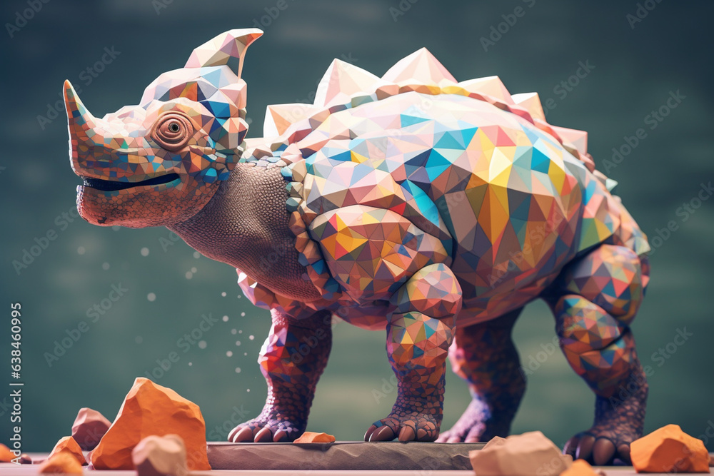 Poster A pastel-colored geometric-style Protoceratops artwork with intricate geometric shapes and soft pastel hues. Generative AI technology